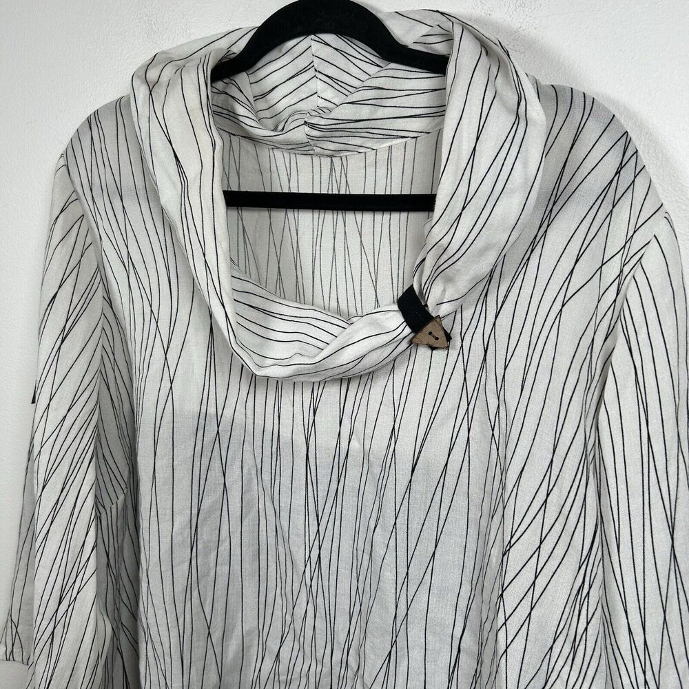 Fridaze Linen Black White Cowl Neck 3/4 Sleeve Tunic Blouse Top Sz 0X Lagenlook - Picture 2 of 8
